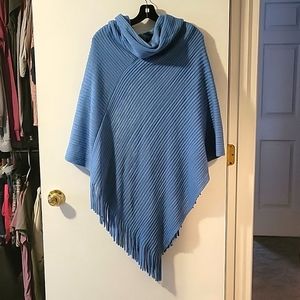 Chicos blue cowl neck fringe poncho, one size
